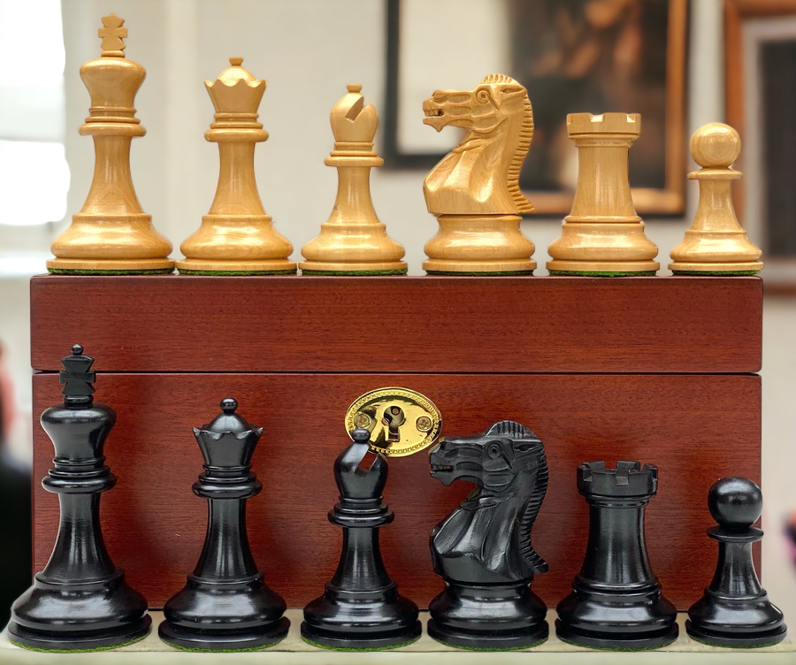 Elite Staunton Black Chess Pieces & Mahogany Box - Official Staunton™